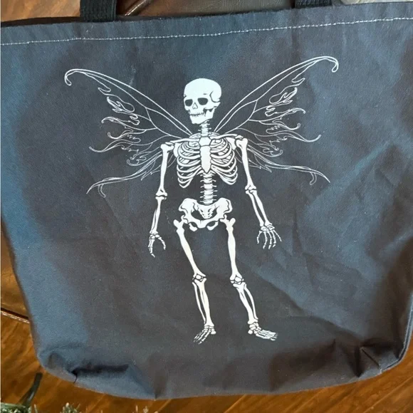 Black Canvas Tote Bag w Fairy Skeleton Whimsygoth Grunge Fairycore Aesthetic EUC - Picture 4 of 5